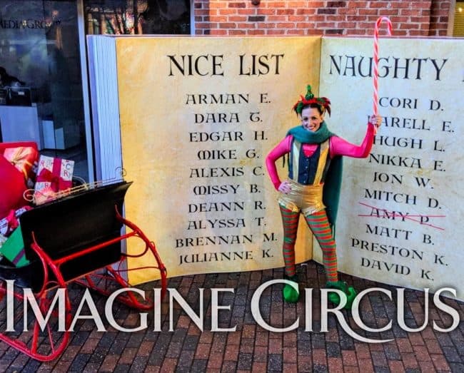 Elf Character, Winter Holiday Entertainment, Katie, Newport News, Virginia, Imagine Circus Performer
