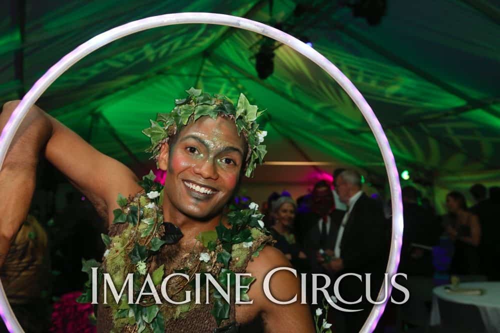 LED Hoop Dancer, Ben, Green, Vines, Flora, Jungle, Gala, Imagine Circus, Photo by Dan Currier for the Institute for Contemporary Art, Richmond, Virginia
