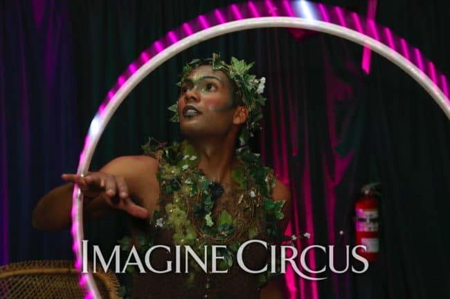 LED Hoop Dancer, Ben, Green, Vines, Flora, Jungle, Gala, Imagine Circus, Photo by Dan Currier for the Institute for Contemporary Art, Richmond, Virginia