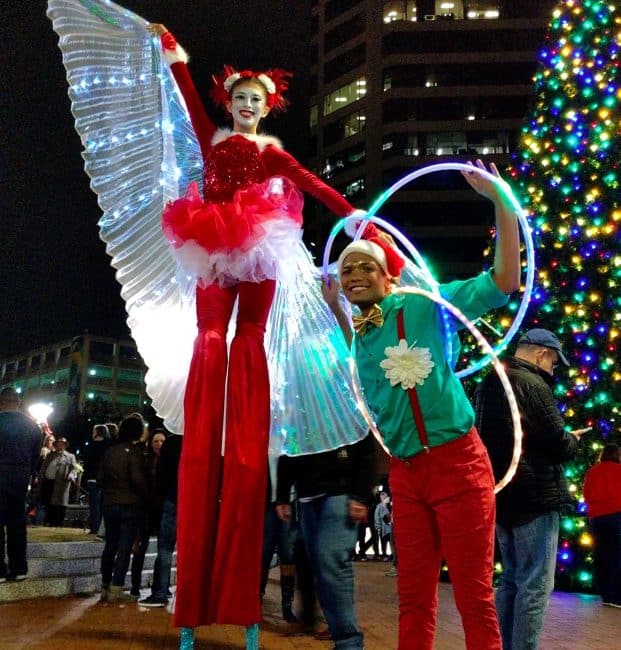 Stilt Walker, LED Hoop, Winter Holiday, Entertainment, Kaci, Ben, Greensboro Tree Lighting, Imagine Circus Performers