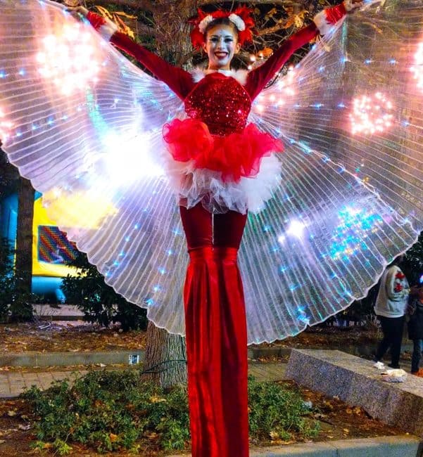 Stilt Walker, Winter Holiday, Entertainment, Kaci, Greensboro Tree Lighting, Imagine Circus Performer