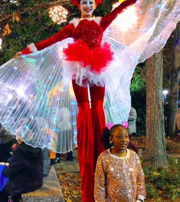 Stilt Walker, Winter Holiday, Entertainment, Kaci, Greensboro Tree Lighting, Imagine Circus Performer