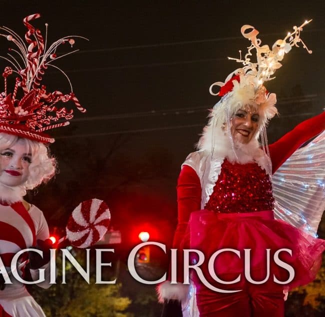 Stilt Walkers, Candy Cane Princess, Winter Holiday, Entertainment, Cameron Village, Raleigh, Imagine Circus Performers, Photo by Gus Samarco