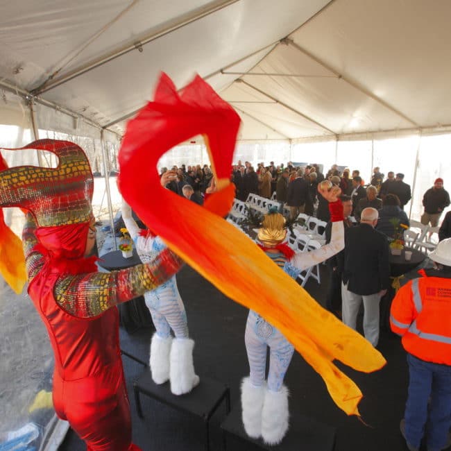 Modern Cirque Stilt Walker | Liz Bliss Performing at Durham ID Groundbreaking Ceremony | Imagine Circus