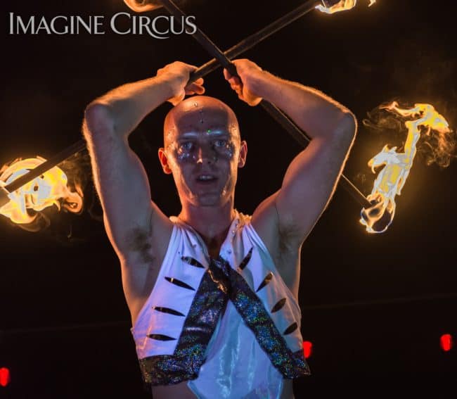 Adam, Double Fire Staff, Imagine Circus, Mulino, Photo by Slater Mapp