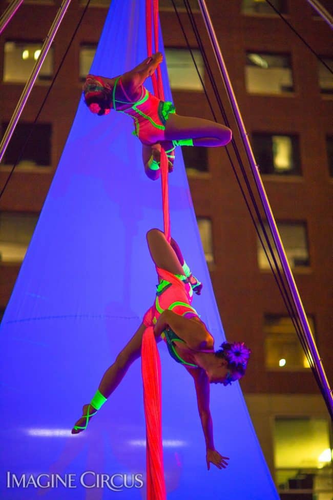Liz & Kaci, Aerial Silks Duo, Neon Glow, Stilt Walkers, SPARKcon, Imagine Circus, Photo by Willa Stein