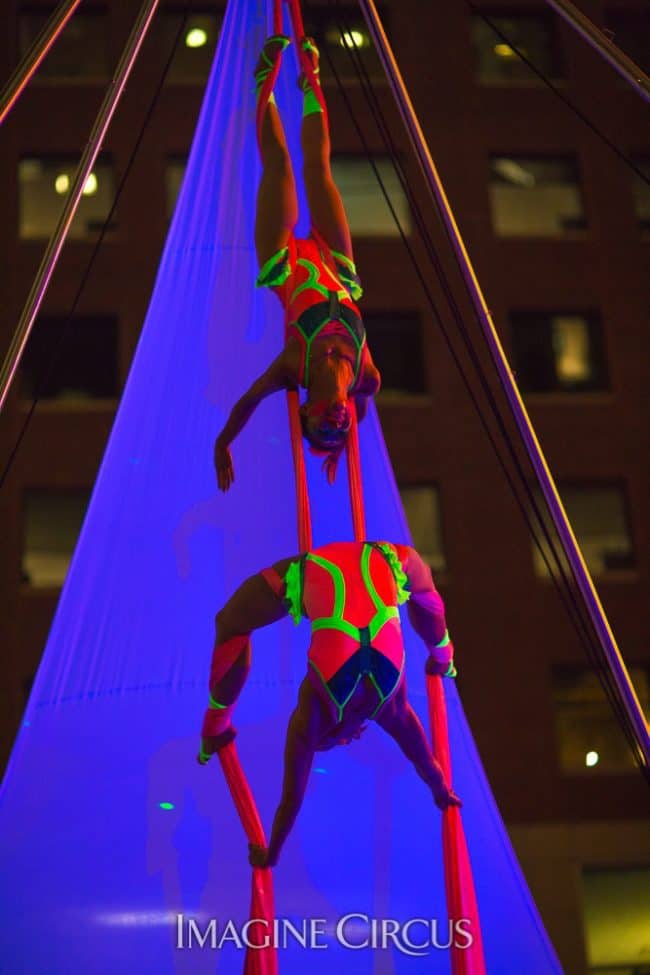 Liz & Kaci, Aerial Silks Duo, Neon Glow, Stilt Walkers, SPARKcon, Imagine Circus, Photo by Willa Stein