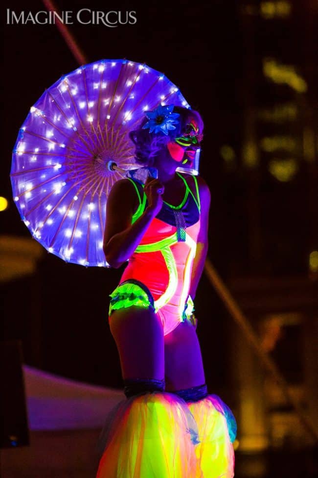 Katie, LED Parasol, Neon Glow, Stilt Walkers, SPARKcon, Imagine Circus, Photo by Willa Stein