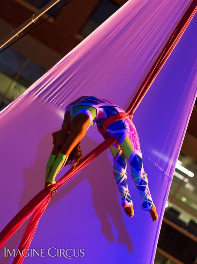 Mari, Aerial Silks, Neon Glow, Stilt Walkers, SPARKcon, Imagine Circus, Photo by Willa Stein