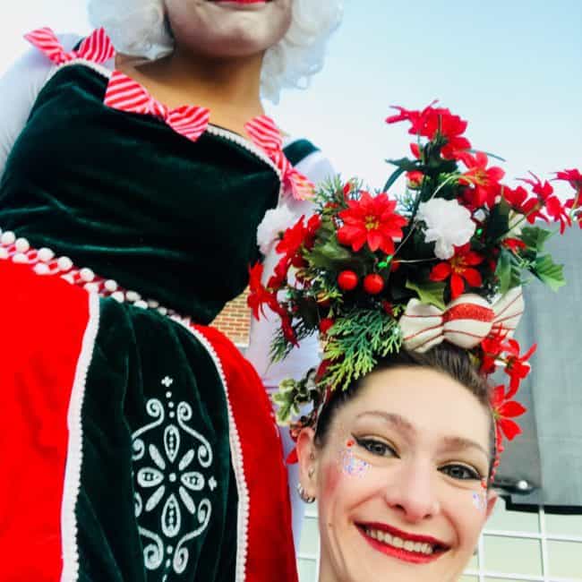 Stilt Walker, Aerial Performer, Winter Holiday, Cameron Village, Mari, Brittany, Imagine Circus