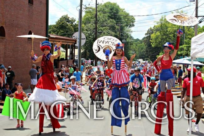 Kaci, Liz, Mari, Imagine Circus Performers at Pittsboro Summer Fest, Independence Day Parade, Stilt Walkers