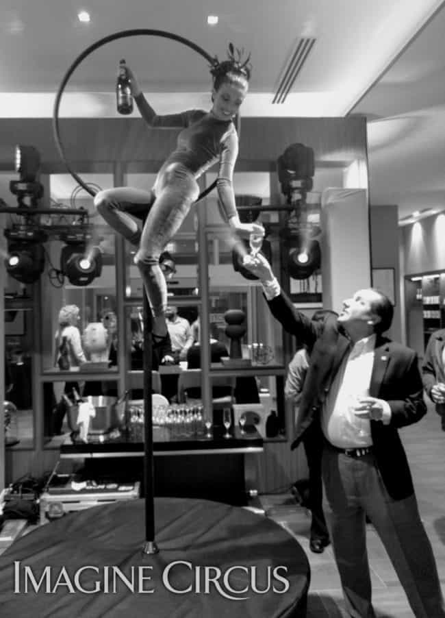Aerial Bartender, Aerial Hoop, Lollipop Lyra, Grand Opening, Chapel Hill, NC, Imagine Circus, Performer, Kaci