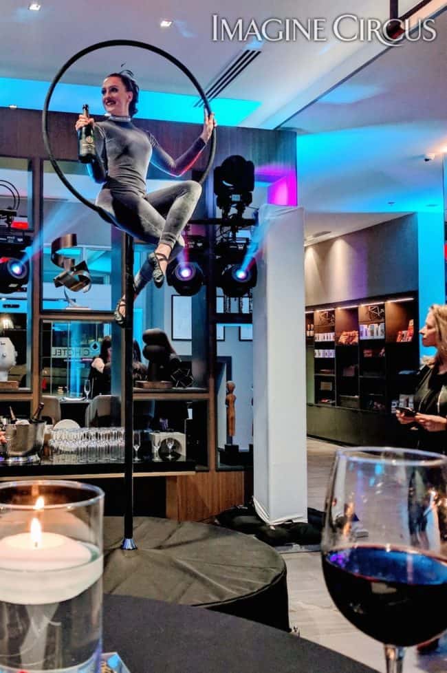 Aerial Bartender, Aerial Hoop, Lyra, Grand Opening, Chapel Hill, NC, Imagine Circus, Performer, Katie