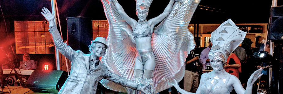 Strolling Table, Stilt Walker, Mirror, Silver Statue, Classy Art, Imagine Circus, Performers, Azul, Dustin, Adrenaline