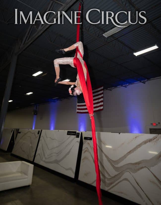 Aerial Silks, Aerial Dancer, Aerialist, Upscale Event, Charlotte, NC, Grand Opening, Imagine Circus, Performer, Kaci, Photo by Rick Belden
