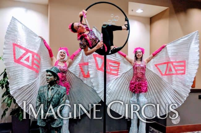 Stilt Walking, Living Statue, Aerialist, Aerial Hoop, Winged Dancer, VAE Gala, Raleigh, NC, Imagine Circus, Performers, Ben, Azul, Katie, Steph