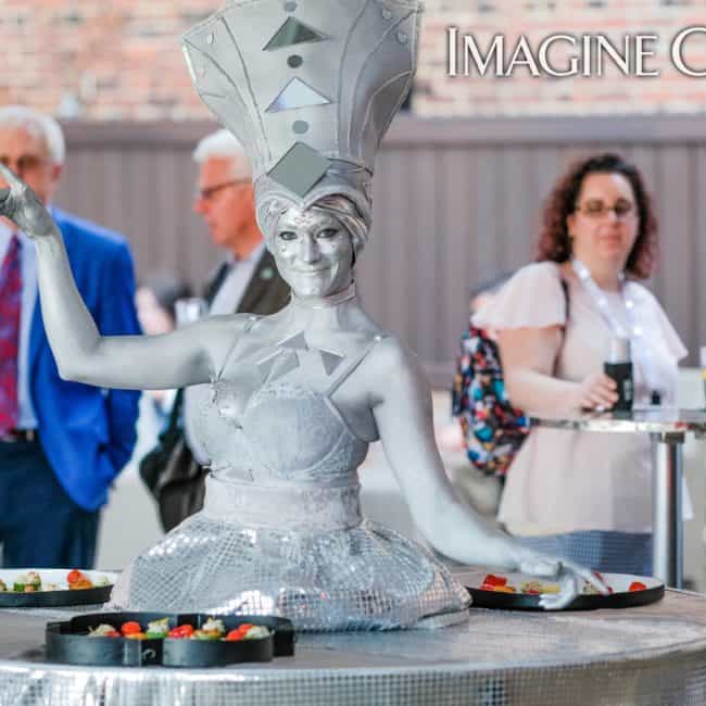 Silver Strolling Table, Performer, Classy Art, Imagine Circus, Azul, Photo by the Nixons Photography