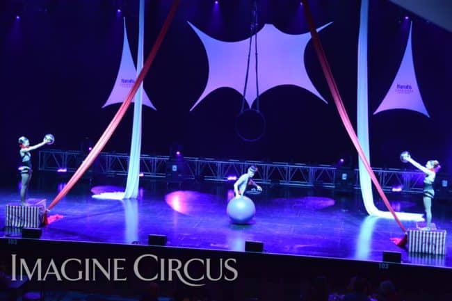 Circus Stage Show, Rolling Globe, Mirror Balls, Harrahs Casino, Cherokee, NC, Imagine Circus, Performers, Kaci, Katie, Adam, Photo by Susan Dipert Scott