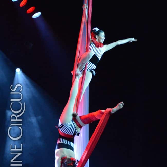 Partner Aerial Silks, Harrahs Casino, Cherokee, NC, Imagine Circus, Performers, Kaci and Liz, Photo by Susan Dipert Scott