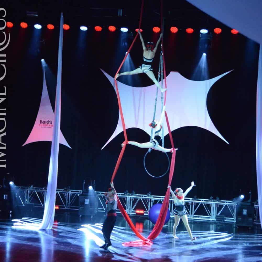 Partner Aerial Silks, Stage Show, Harrahs Casino, Cherokee, NC, Imagine Circus, Performers, Kaci, Liz, Adam, Katie, Photo by Susan Dipert Scott
