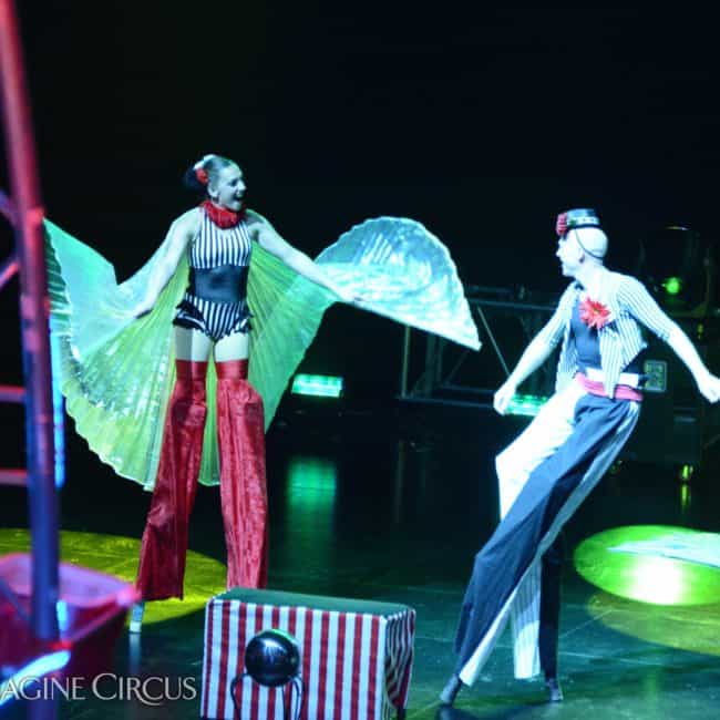 Stilt Walkers, Circus Stage Show, Harrahs Casino, Cherokee, NC, Imagine Circus, Performers, Kaci, Katie, Photo by Susan Dipert Scott