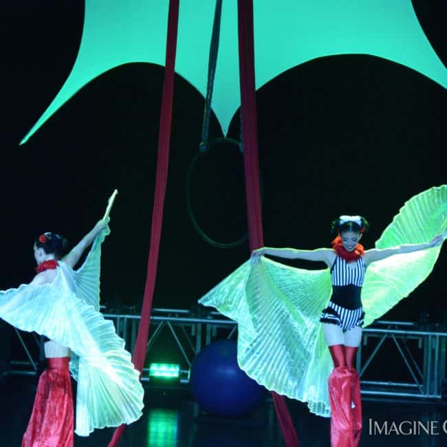 Stilt Walkers, Circus Stage Show, Harrahs Casino, Cherokee, NC, Imagine Circus, Performers, Kaci, Katie, Photo by Susan Dipert Scott