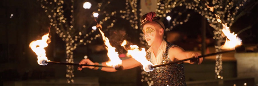 Fire Performer, Dragon Staff, Teal, Gold, Cirque, Imagine Circus, Adam, Oddball Gala, Photo Still from Video by Finding Future