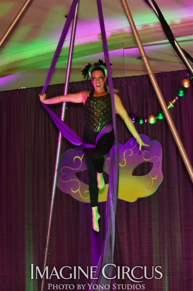 Aerialist, Aerial Silks Dancer, Mardi Gras, Katie, Louisville KY, Imagine Circus Performer, Photo by Yono Studios