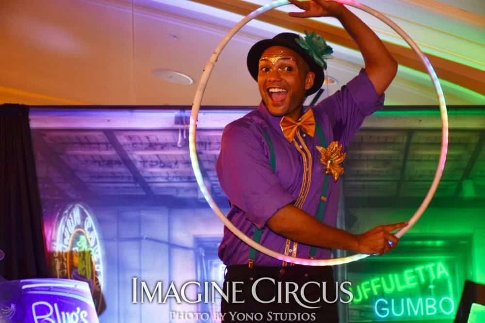 Mardi Gras Stilt Walker with LED Hoop, Ben, Louisville KY, Imagine Circus Performer, Photo by Yono Studios