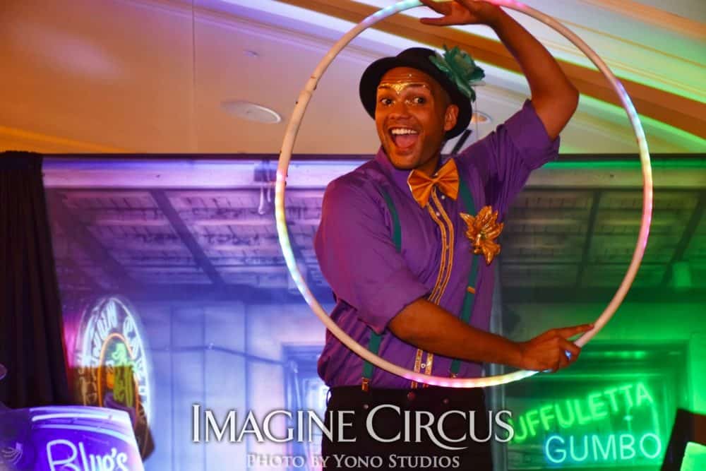 Mardi Gras Stilt Walker with LED Hoop, Ben, Louisville KY, Imagine Circus Performer, Photo by Yono Studios