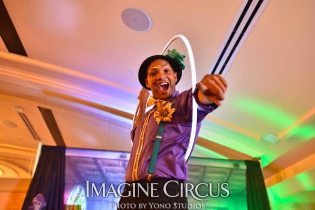 Mardi Gras, Stilt Walker with LED Hoop, Ben, Louisville KY, Imagine Circus Performer, Photo by Yono Studios
