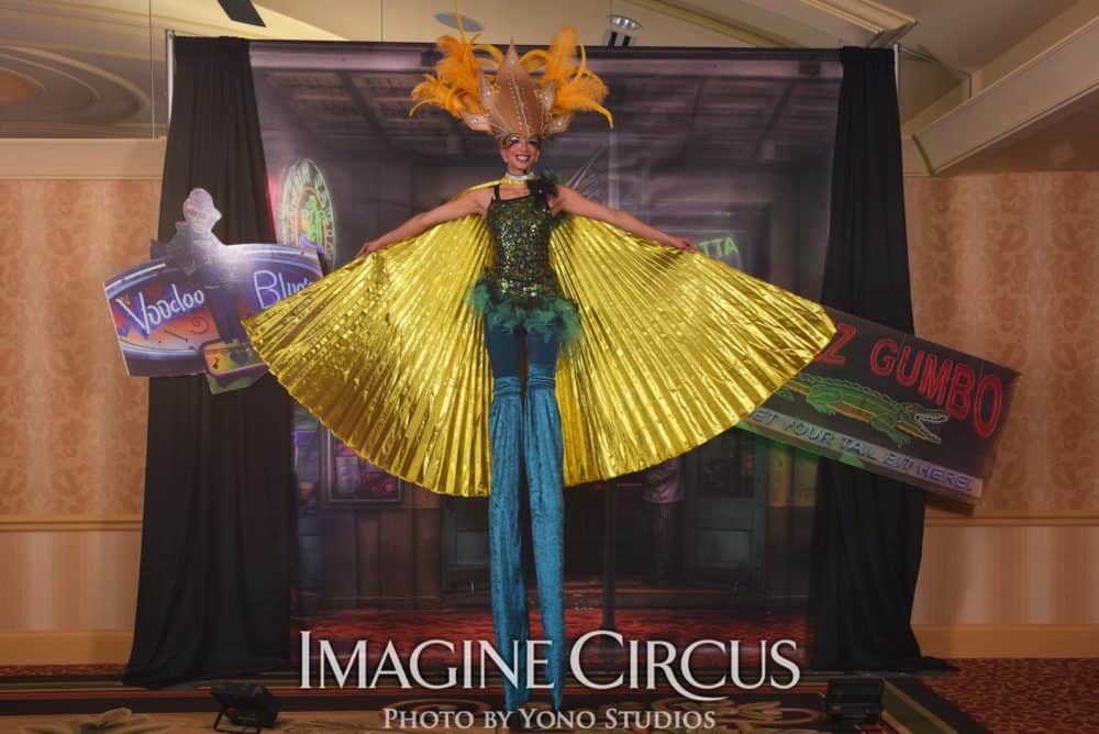 Mardi Gras Stilt Walkers with Isis Wings, Kaci, Louisville KY, Imagine Circus Performers, Photo by Yono Studios