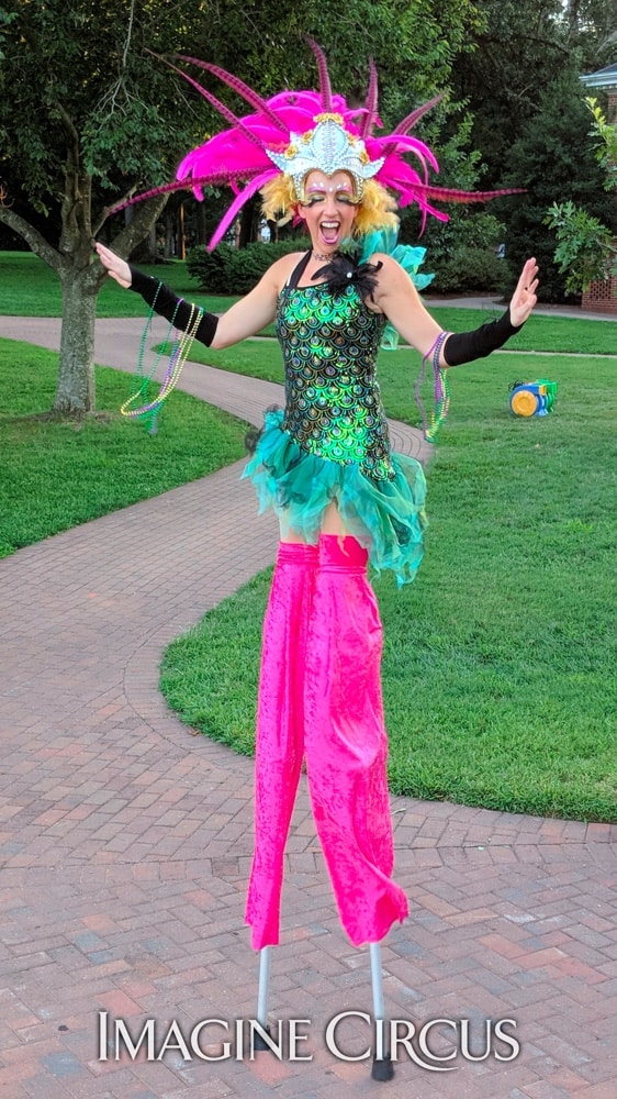 Stilt Walker, Katie, Mardi Gras, Guilford College, Greensboro, NC, Imagine Circus