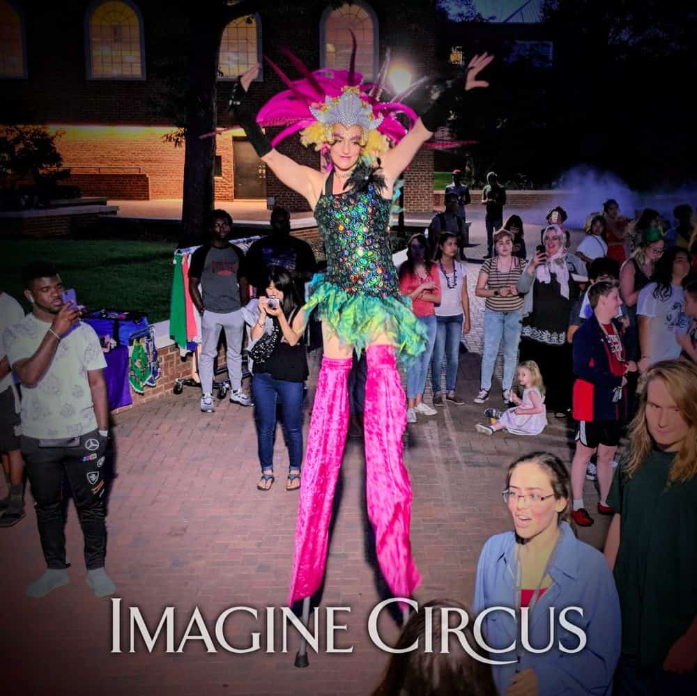 Stilt Walker, Katie, Mardi Gras, Guilford College, Greensboro, NC, Imagine Circus