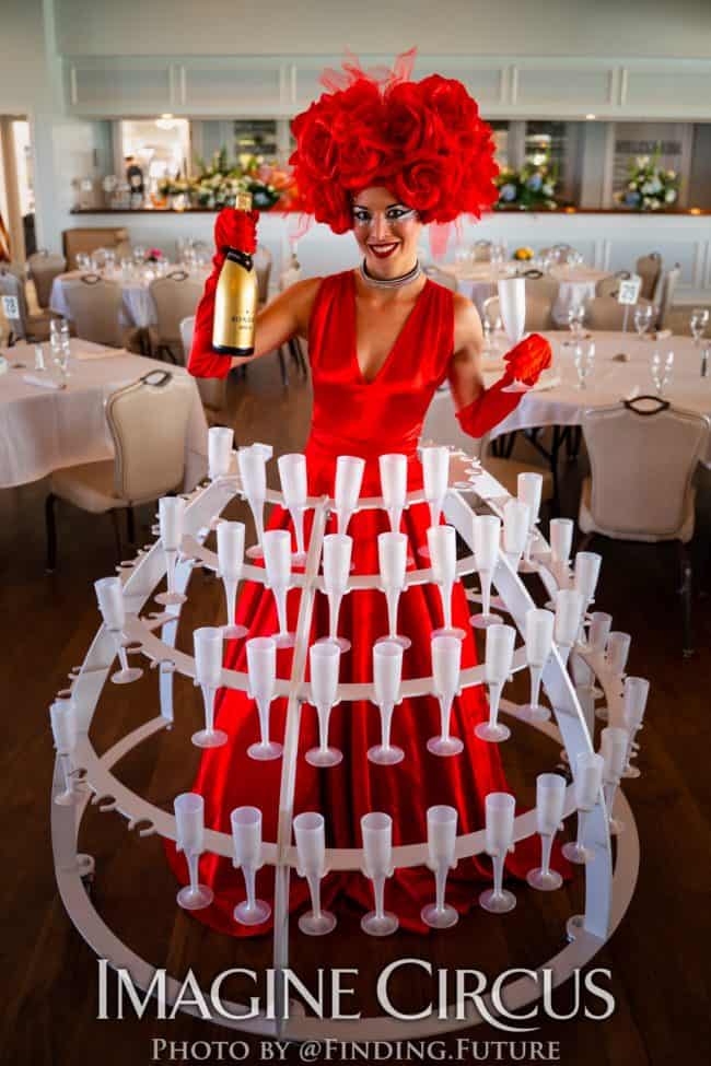 Strolling Champagne Girl, Fancy Drink Service, Red Rose Dress, Kaci, Imagine Circus Performer, Photo by Finding Future