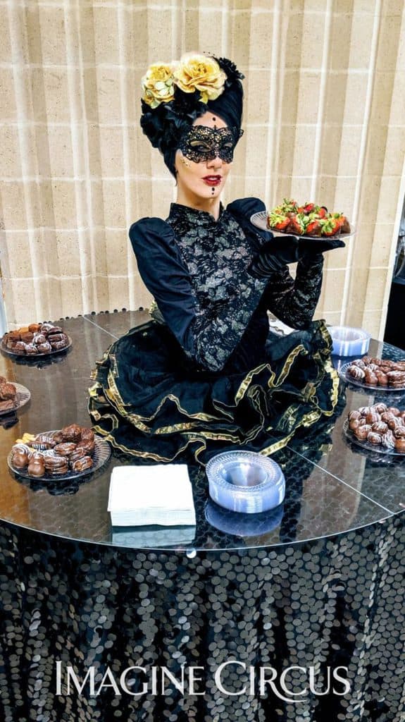 Strolling Table, Tik-tok, Cocktail Party, Strolling Entertainment, Gold and Black Masquerade, Imagine Circus Performers