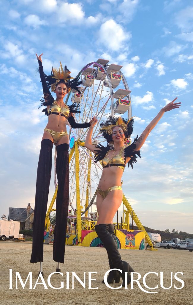 Stilt Walker, Brittney and Olivia, Sexy Gold Festival Costume, Imagine Circus Performers