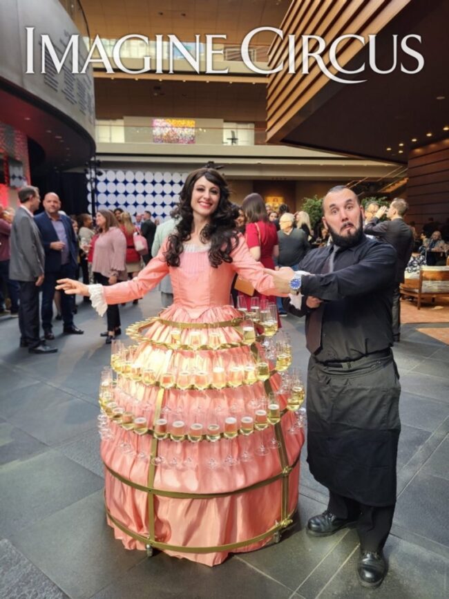 Imagine Circus performers, Hamilton Inspired Event, Aerial Bartender, Champagne Dress