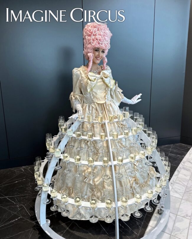 Imagine Circus Characters, Bridgerton Themed Event, Garden Party, Champagne Dress, Upscale Entertainment