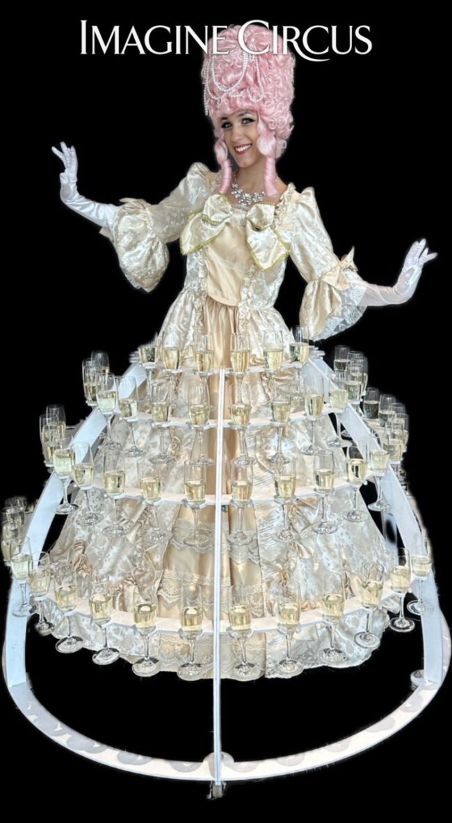 Imagine Circus Characters, Bridgerton Themed Event, Garden Party, Champagne Dress, Upscale Entertainment