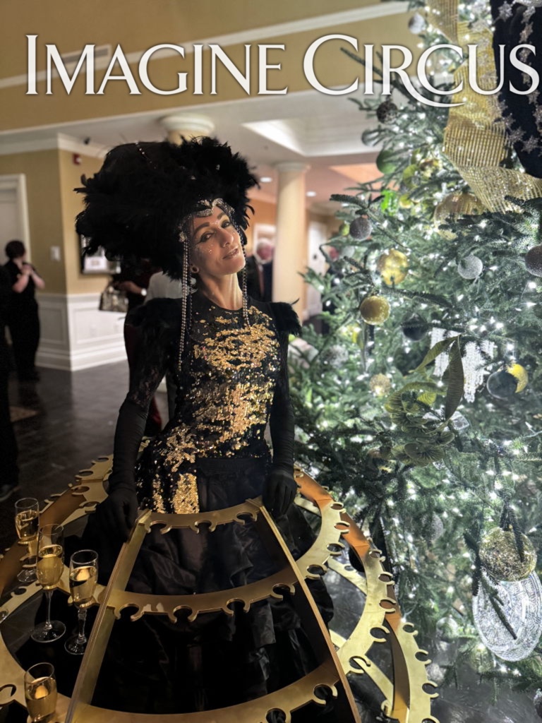 Imagine Circus Performer, Champagne Dress, Winter Holidays, Black and Gold, Upscale Entertainment, Beverage Skirt