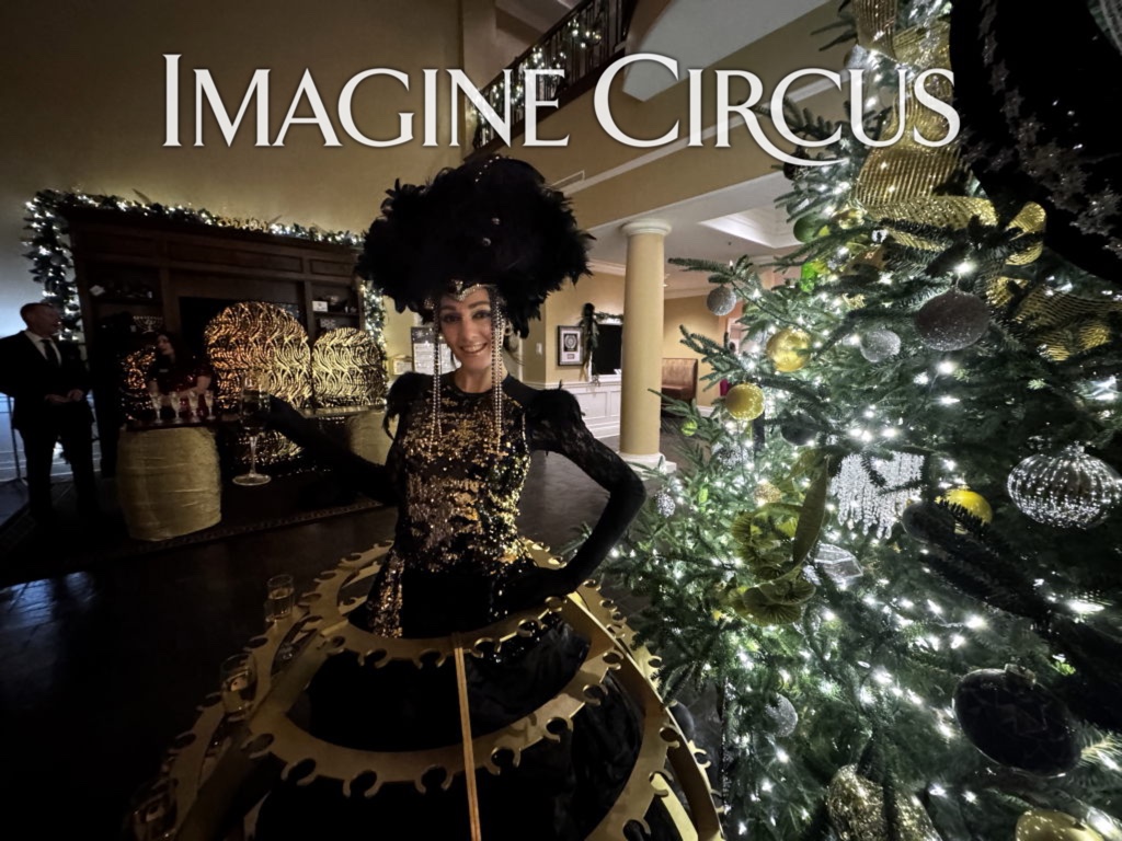Imagine Circus Performer, Champagne Dress, Winter Holidays, Black and Gold, Upscale Entertainment, Beverage Skirt